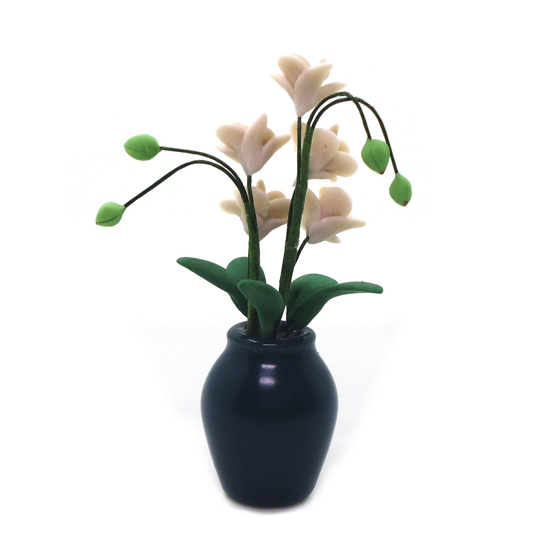 Wholesale 1:12 doll house accessories dollhouse clay flower dark green pottery bottle large white orchid phalaenopsis artificial flower Magnolia